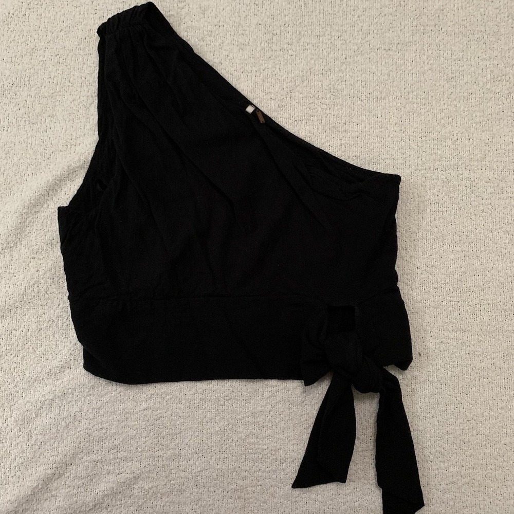 Free People Womens Black Layered One Shoulder Blouse Top With Bow‎ Size XS